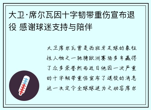 大卫·席尔瓦因十字韧带重伤宣布退役 感谢球迷支持与陪伴 大卫·席尔瓦因十字韧带重伤宣布退役 感谢球迷支持与陪伴